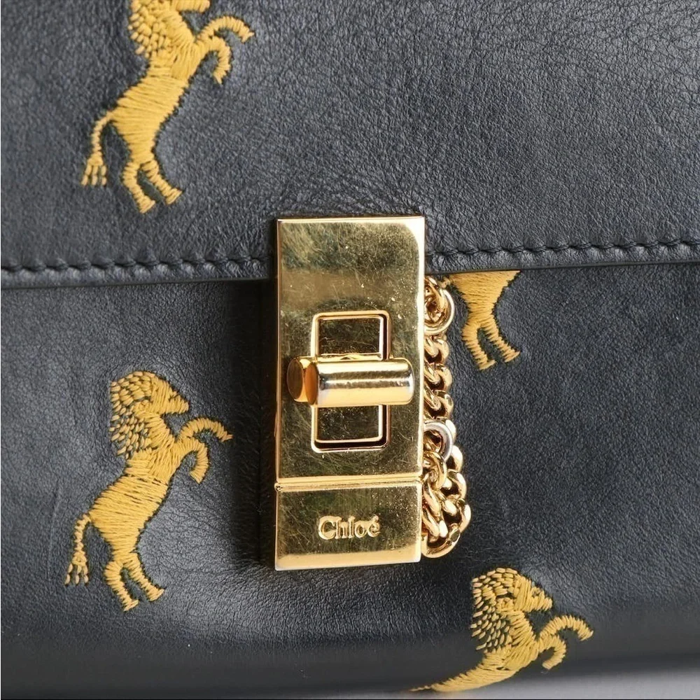 Chloé Drew Horse Embroidered Leather Continental Wallet Navy